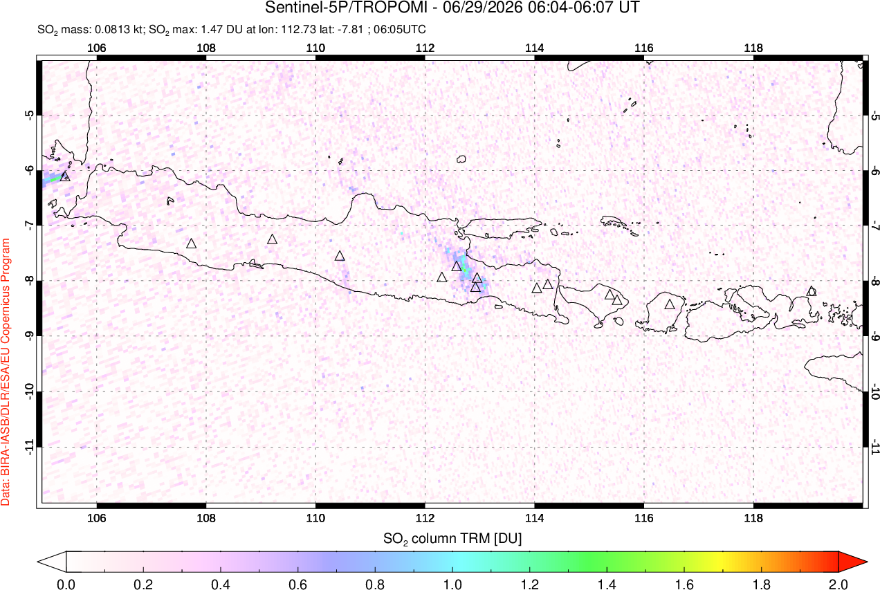 A sulfur dioxide image over Java, Indonesia on Jun 29, 2026.