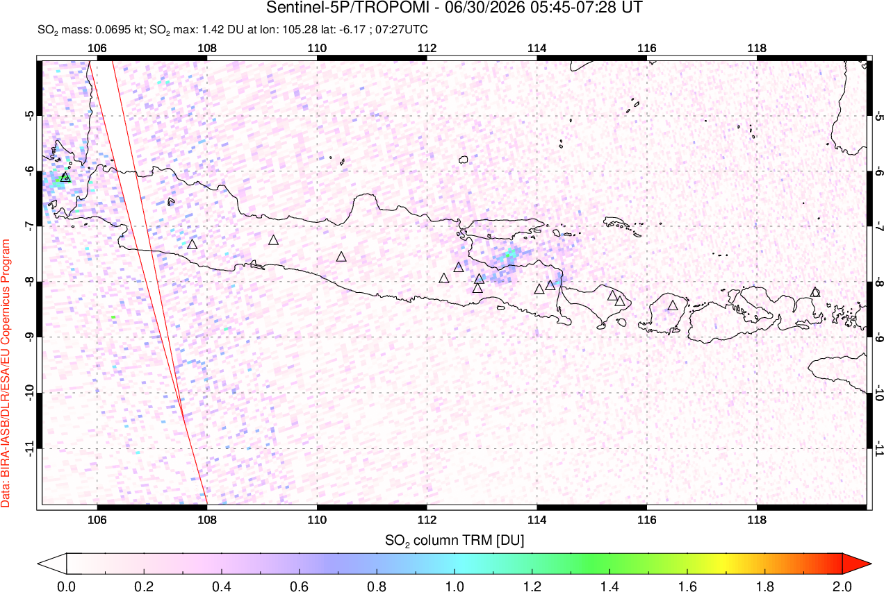 A sulfur dioxide image over Java, Indonesia on Jun 30, 2026.