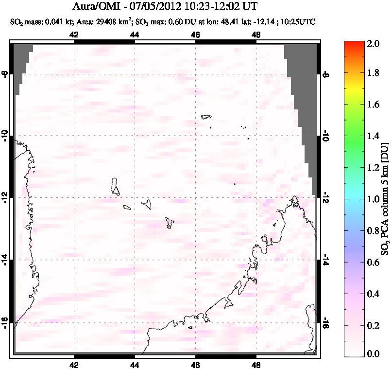 A sulfur dioxide image over Comoro Islands on Jul 05, 2012.