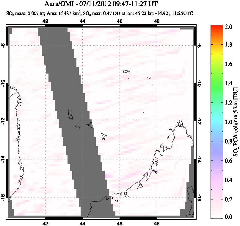 A sulfur dioxide image over Comoro Islands on Jul 11, 2012.