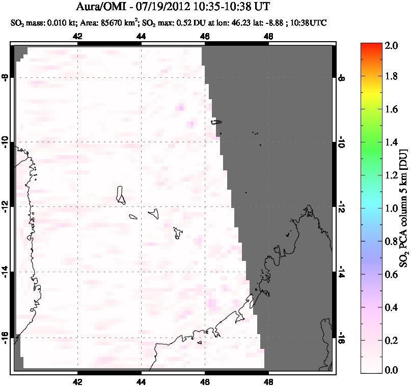 A sulfur dioxide image over Comoro Islands on Jul 19, 2012.