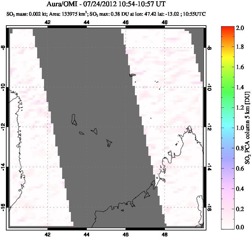 A sulfur dioxide image over Comoro Islands on Jul 24, 2012.