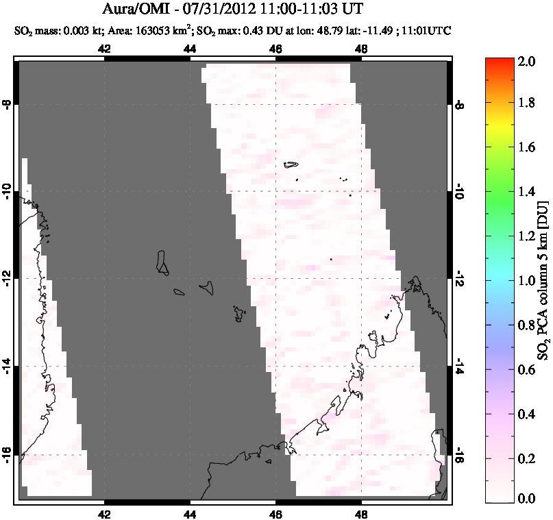 A sulfur dioxide image over Comoro Islands on Jul 31, 2012.