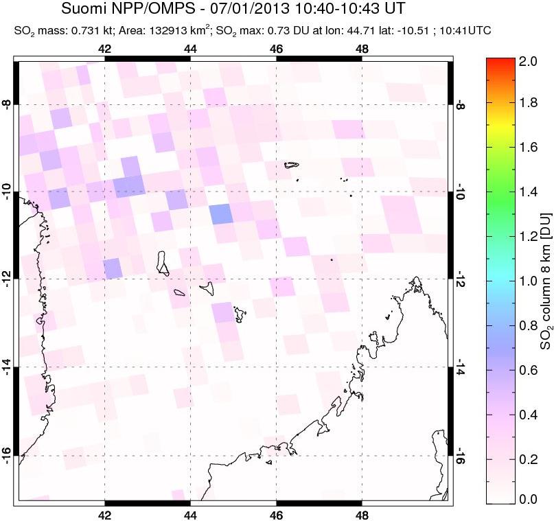 A sulfur dioxide image over Comoro Islands on Jul 01, 2013.