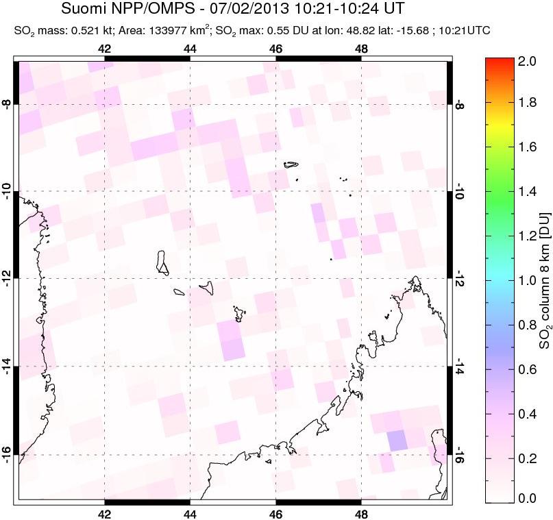 A sulfur dioxide image over Comoro Islands on Jul 02, 2013.