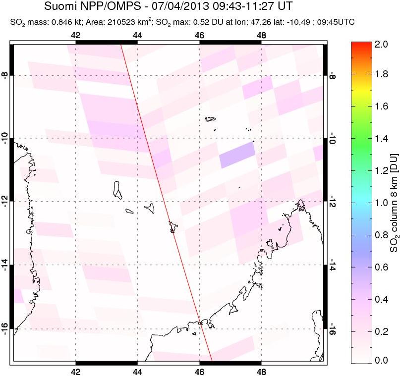 A sulfur dioxide image over Comoro Islands on Jul 04, 2013.