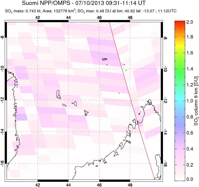 A sulfur dioxide image over Comoro Islands on Jul 10, 2013.