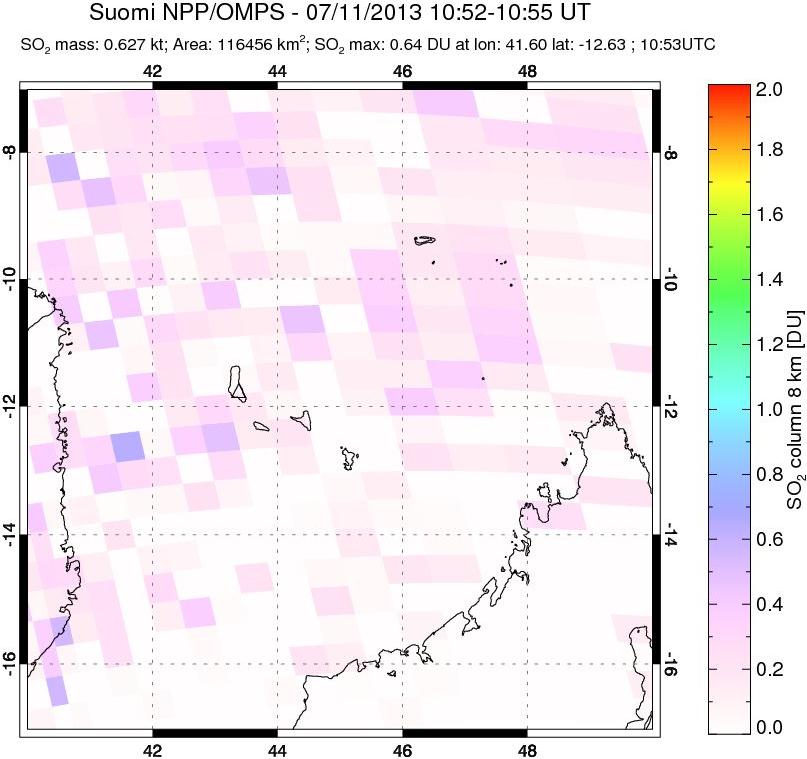 A sulfur dioxide image over Comoro Islands on Jul 11, 2013.