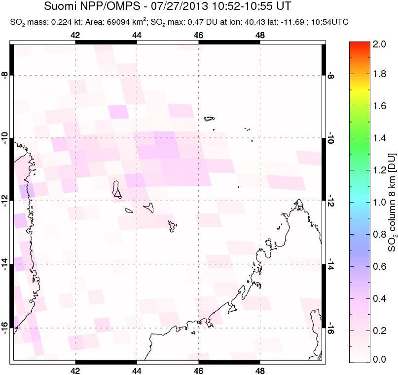A sulfur dioxide image over Comoro Islands on Jul 27, 2013.