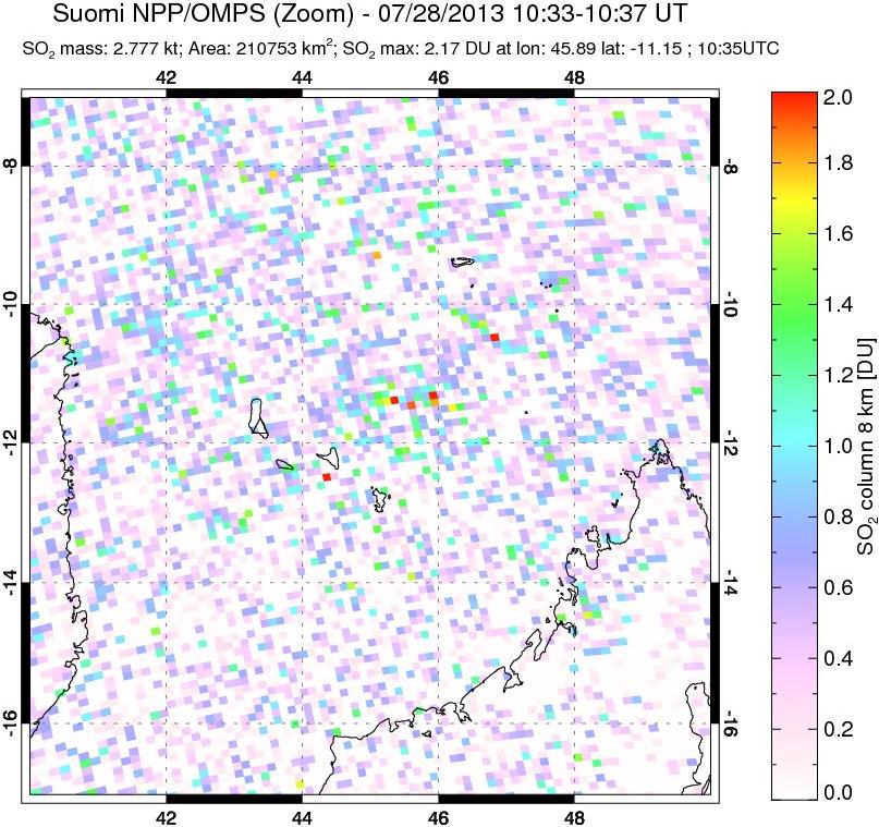 A sulfur dioxide image over Comoro Islands on Jul 28, 2013.