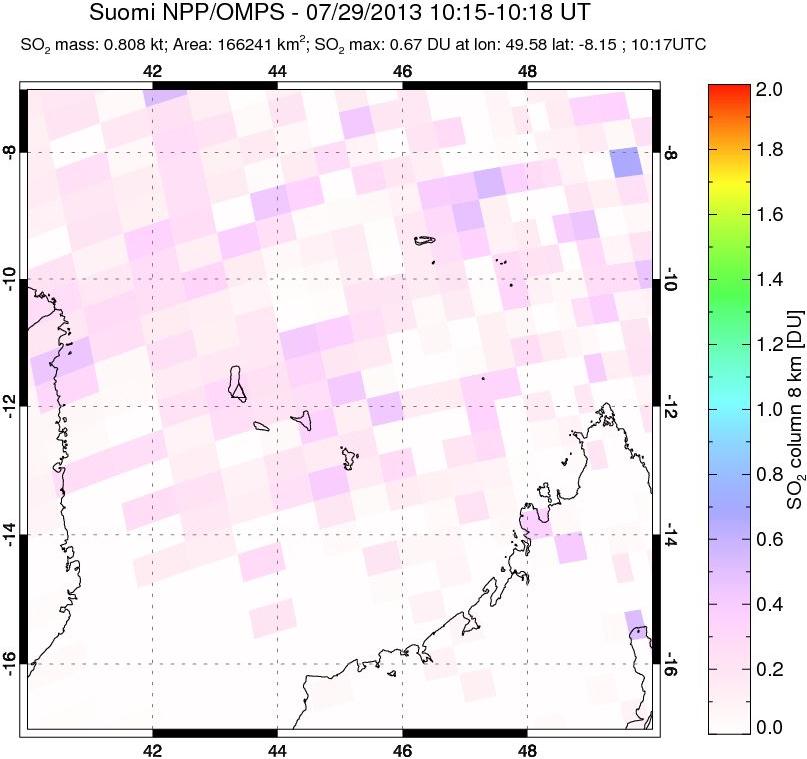 A sulfur dioxide image over Comoro Islands on Jul 29, 2013.