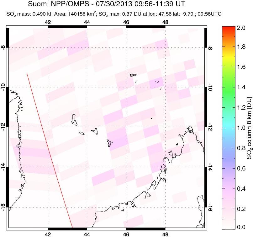 A sulfur dioxide image over Comoro Islands on Jul 30, 2013.