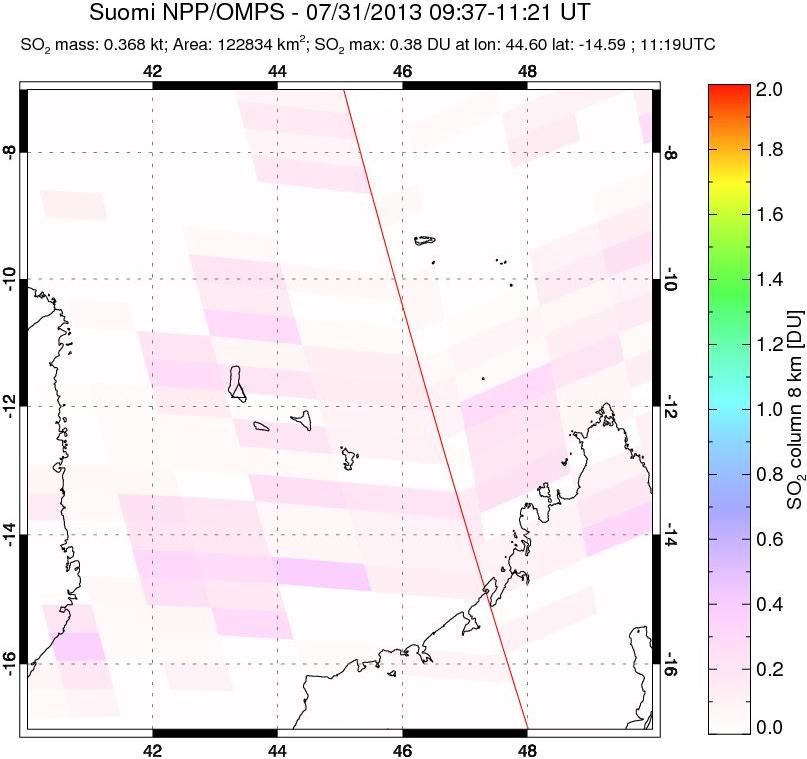 A sulfur dioxide image over Comoro Islands on Jul 31, 2013.