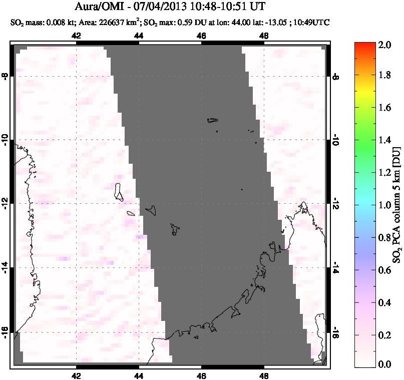 A sulfur dioxide image over Comoro Islands on Jul 04, 2013.