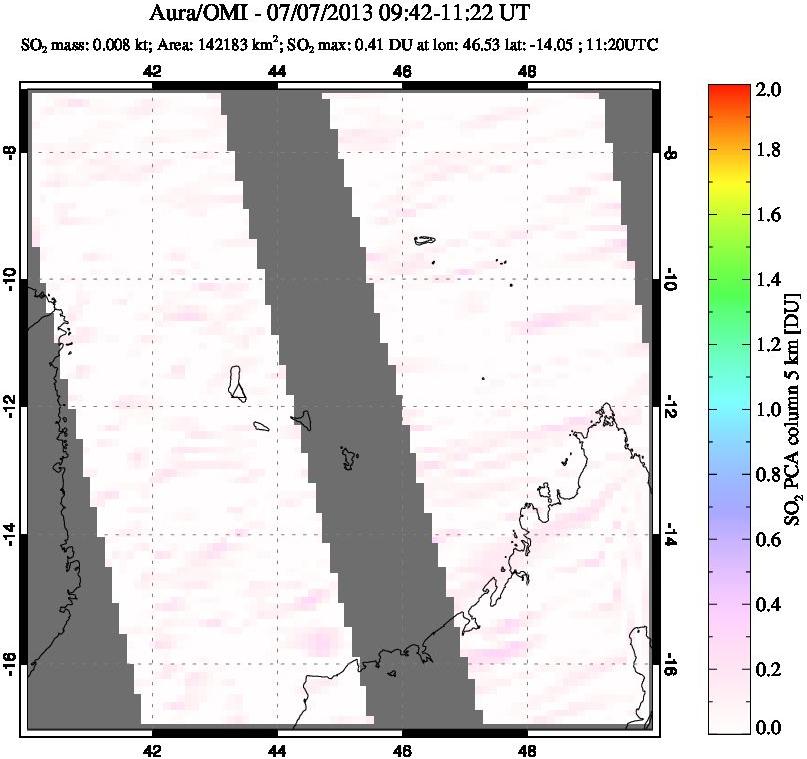 A sulfur dioxide image over Comoro Islands on Jul 07, 2013.