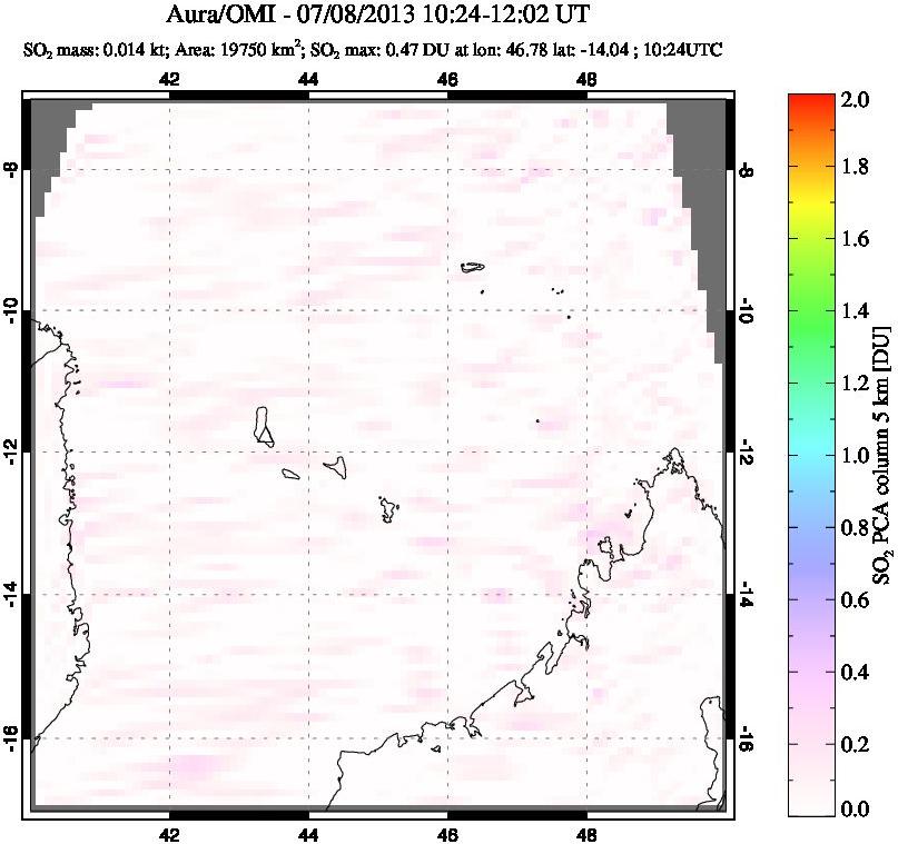 A sulfur dioxide image over Comoro Islands on Jul 08, 2013.