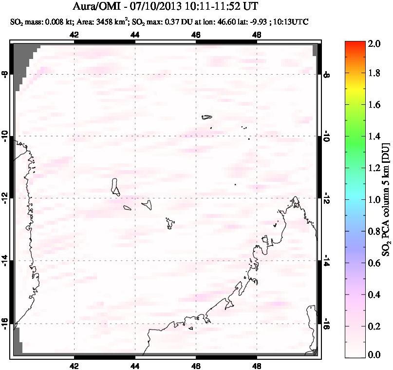 A sulfur dioxide image over Comoro Islands on Jul 10, 2013.