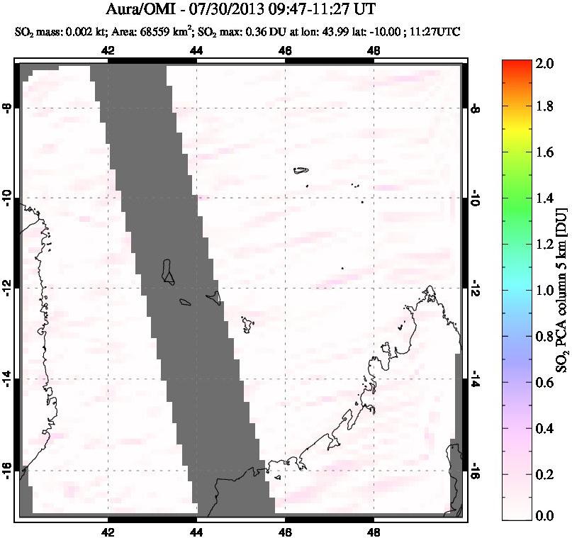 A sulfur dioxide image over Comoro Islands on Jul 30, 2013.