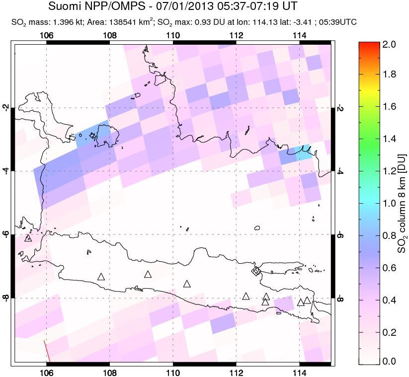 A sulfur dioxide image over Java, Indonesia on Jul 01, 2013.