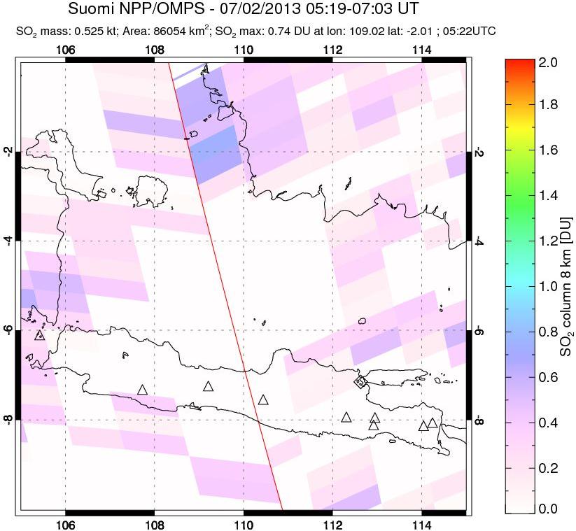 A sulfur dioxide image over Java, Indonesia on Jul 02, 2013.