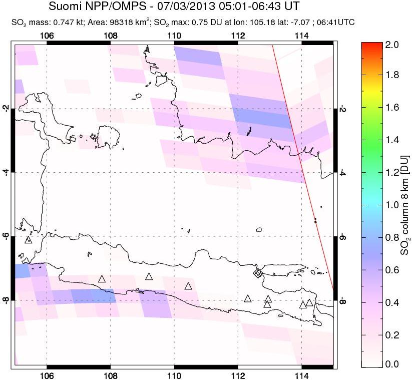 A sulfur dioxide image over Java, Indonesia on Jul 03, 2013.
