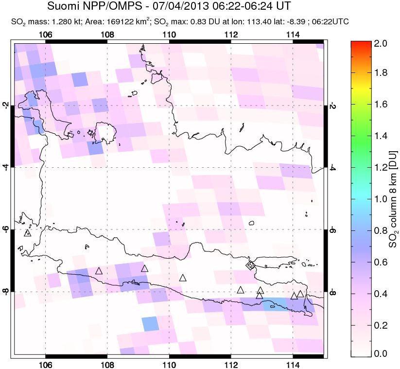 A sulfur dioxide image over Java, Indonesia on Jul 04, 2013.