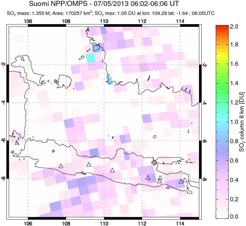 A sulfur dioxide image over Java, Indonesia on Jul 05, 2013.
