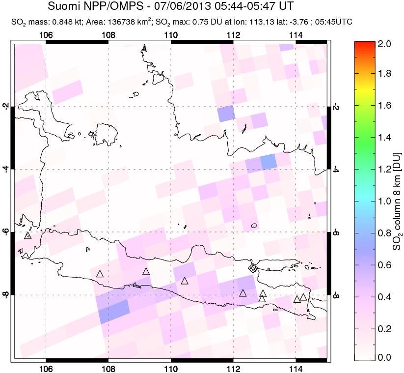 A sulfur dioxide image over Java, Indonesia on Jul 06, 2013.