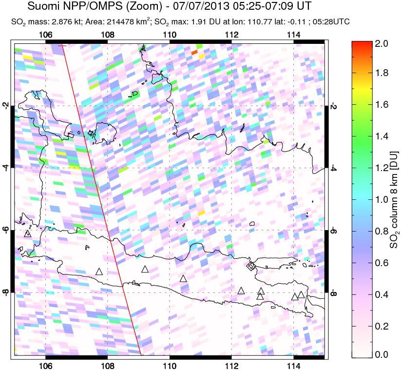 A sulfur dioxide image over Java, Indonesia on Jul 07, 2013.