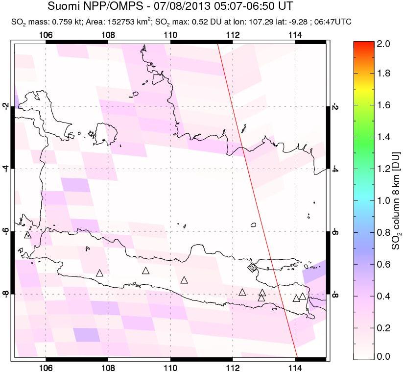 A sulfur dioxide image over Java, Indonesia on Jul 08, 2013.