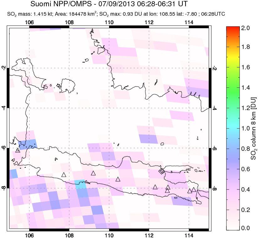 A sulfur dioxide image over Java, Indonesia on Jul 09, 2013.