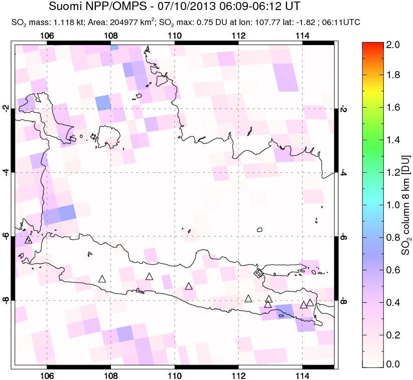 A sulfur dioxide image over Java, Indonesia on Jul 10, 2013.