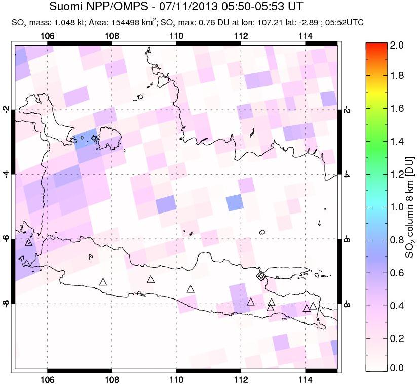 A sulfur dioxide image over Java, Indonesia on Jul 11, 2013.