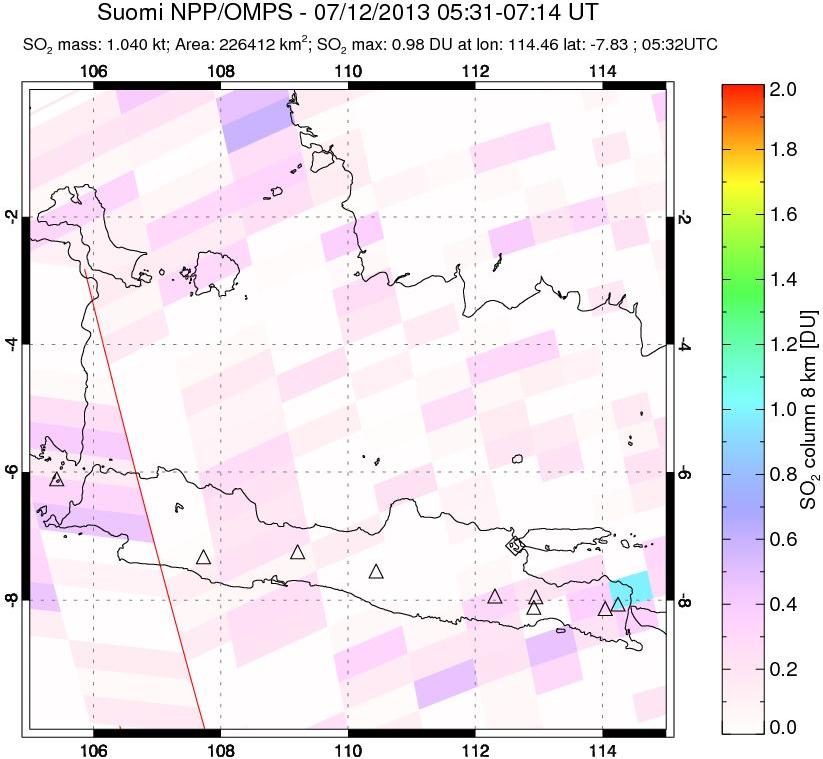 A sulfur dioxide image over Java, Indonesia on Jul 12, 2013.