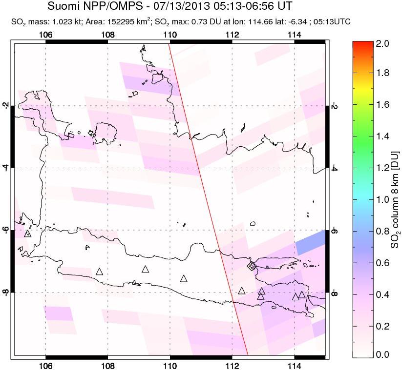 A sulfur dioxide image over Java, Indonesia on Jul 13, 2013.