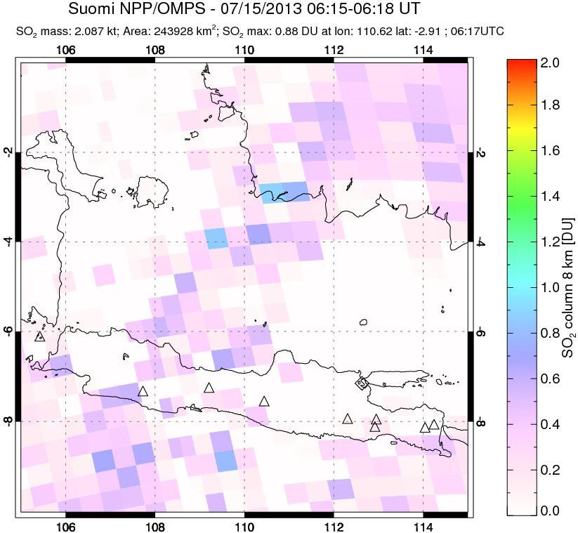 A sulfur dioxide image over Java, Indonesia on Jul 15, 2013.