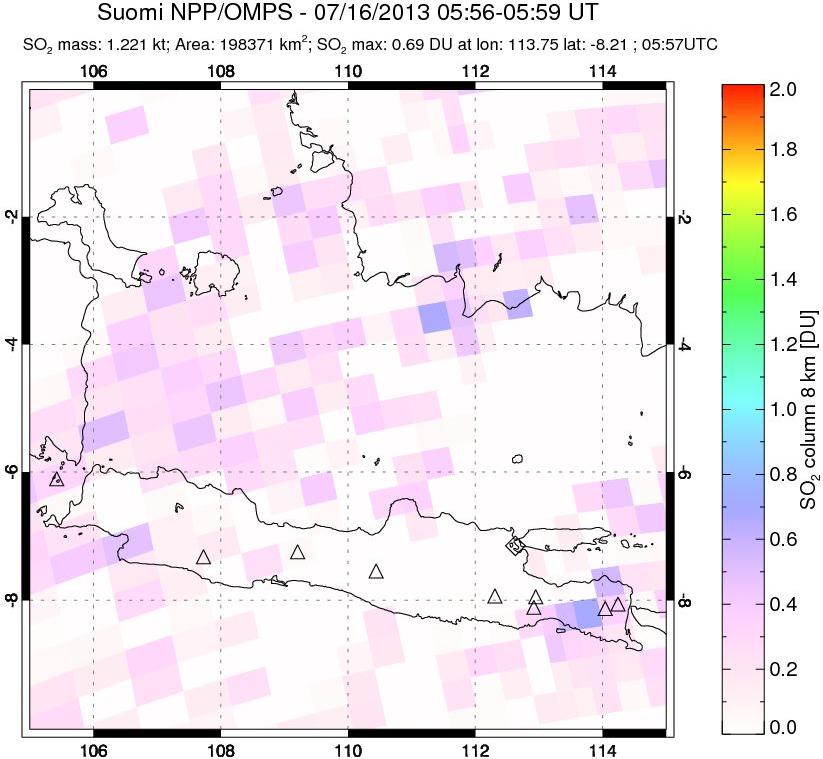 A sulfur dioxide image over Java, Indonesia on Jul 16, 2013.