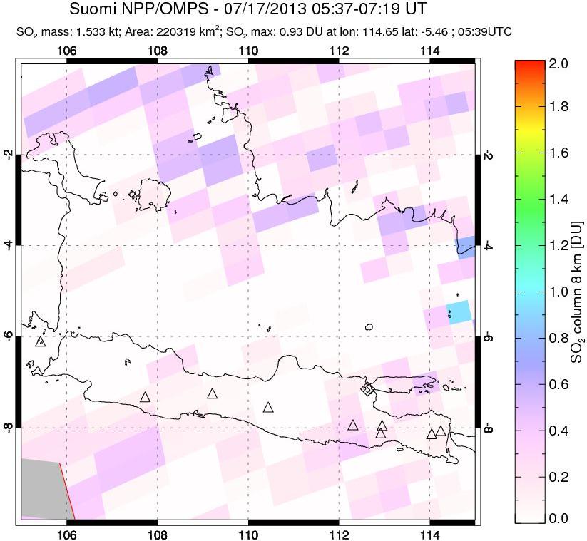 A sulfur dioxide image over Java, Indonesia on Jul 17, 2013.