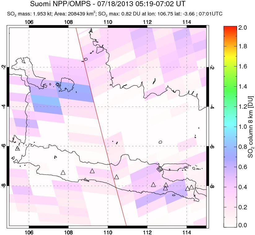 A sulfur dioxide image over Java, Indonesia on Jul 18, 2013.