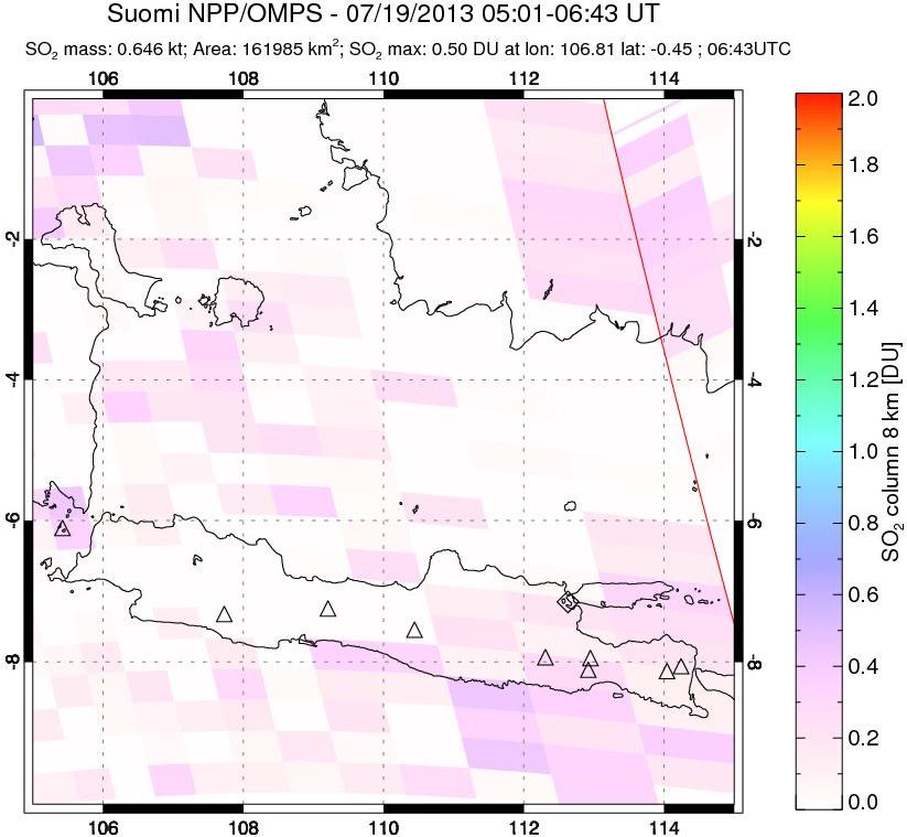A sulfur dioxide image over Java, Indonesia on Jul 19, 2013.