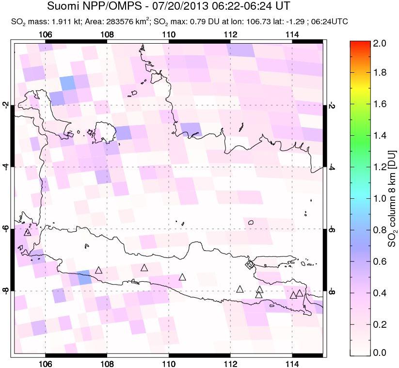 A sulfur dioxide image over Java, Indonesia on Jul 20, 2013.