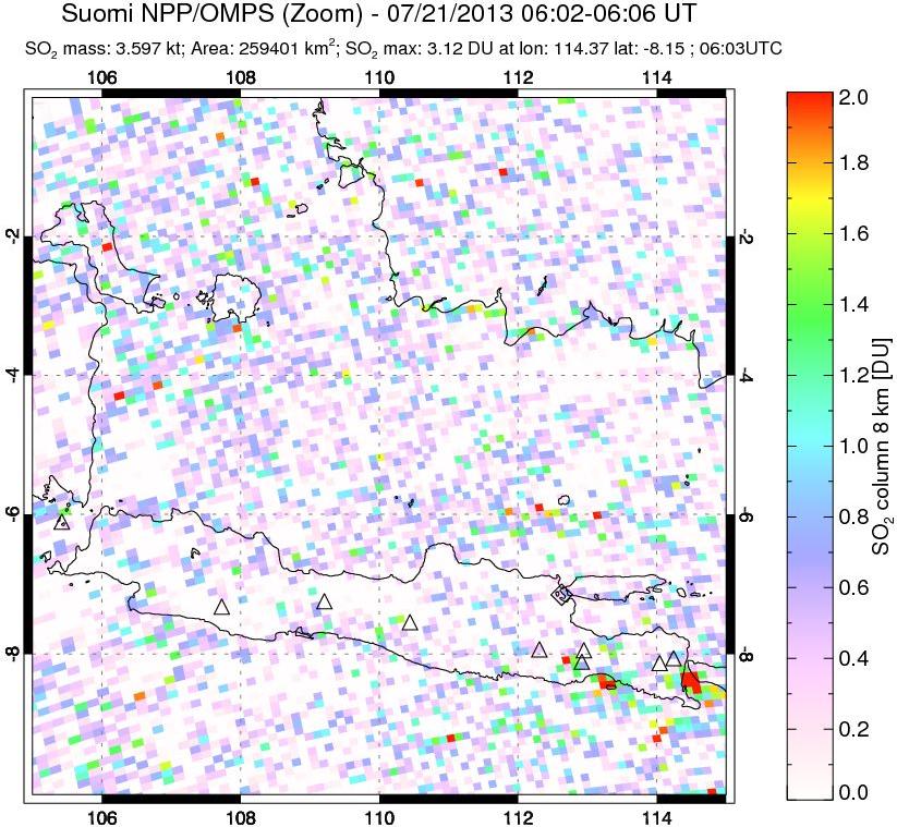 A sulfur dioxide image over Java, Indonesia on Jul 21, 2013.