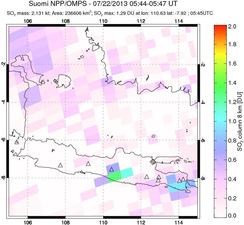 A sulfur dioxide image over Java, Indonesia on Jul 22, 2013.