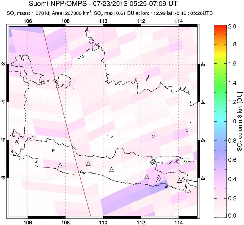 A sulfur dioxide image over Java, Indonesia on Jul 23, 2013.