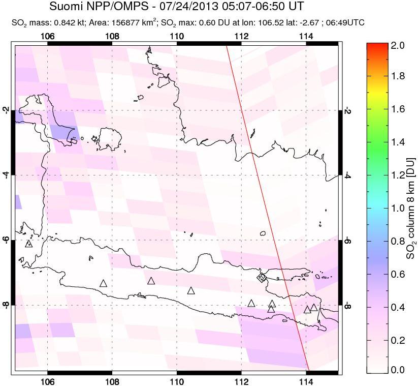 A sulfur dioxide image over Java, Indonesia on Jul 24, 2013.