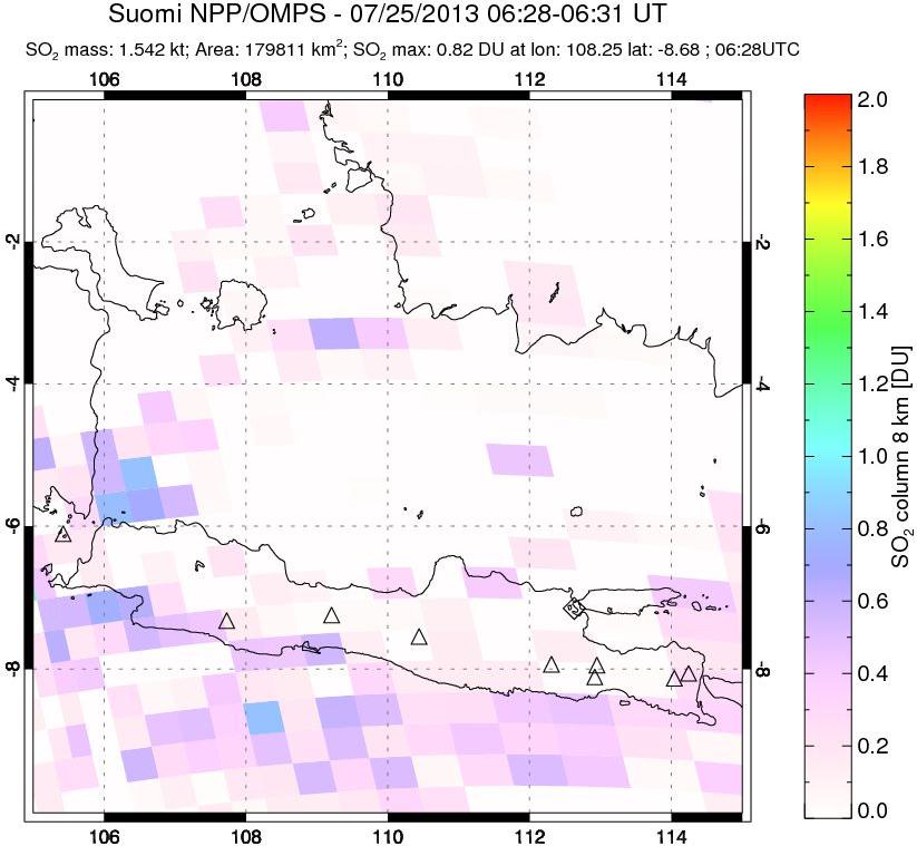A sulfur dioxide image over Java, Indonesia on Jul 25, 2013.