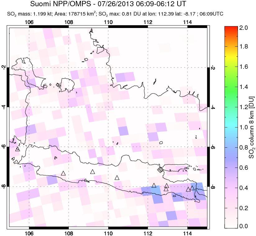A sulfur dioxide image over Java, Indonesia on Jul 26, 2013.