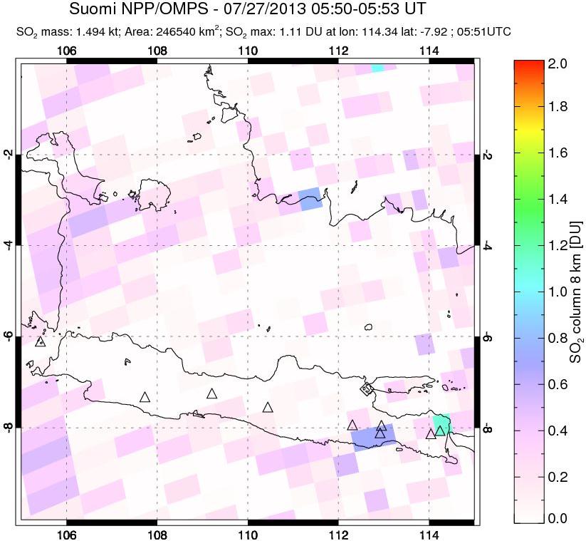 A sulfur dioxide image over Java, Indonesia on Jul 27, 2013.