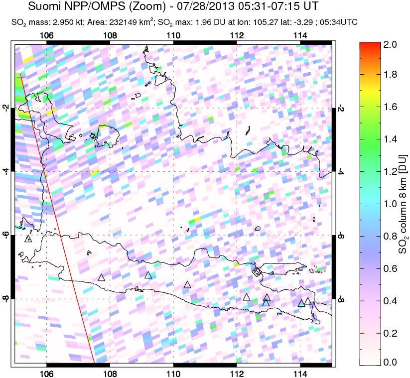 A sulfur dioxide image over Java, Indonesia on Jul 28, 2013.