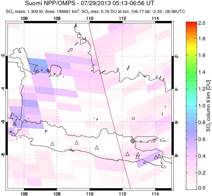 A sulfur dioxide image over Java, Indonesia on Jul 29, 2013.